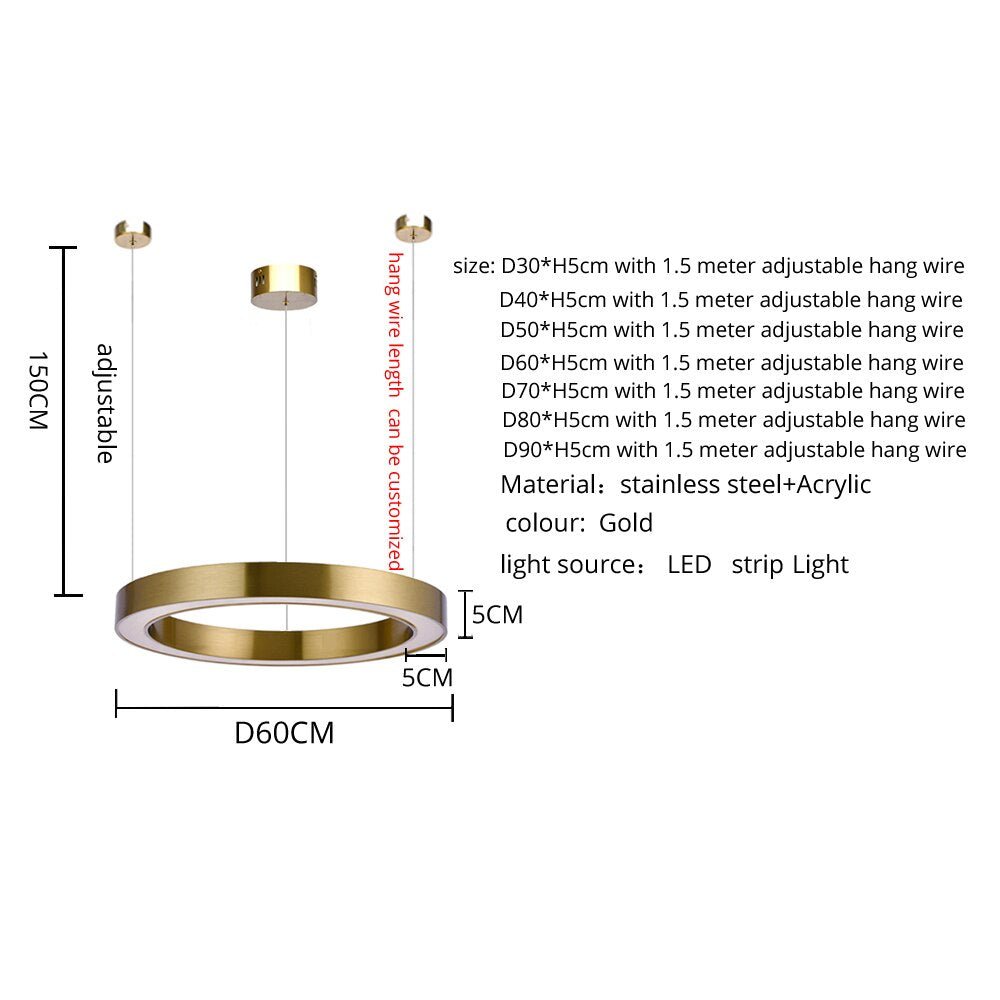 Ring Design Moderne LED Kroonluchter Woonlamp Roestvrij Staal Goud Verlichting