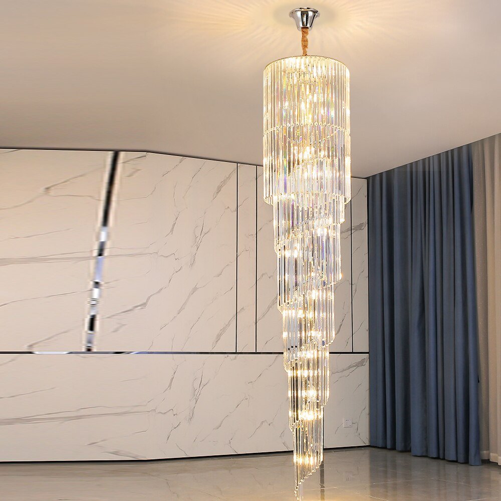 Design en spirale Longs lustres en cristal LED Lustre Hanglamp Luminaires d'escaliers modernes