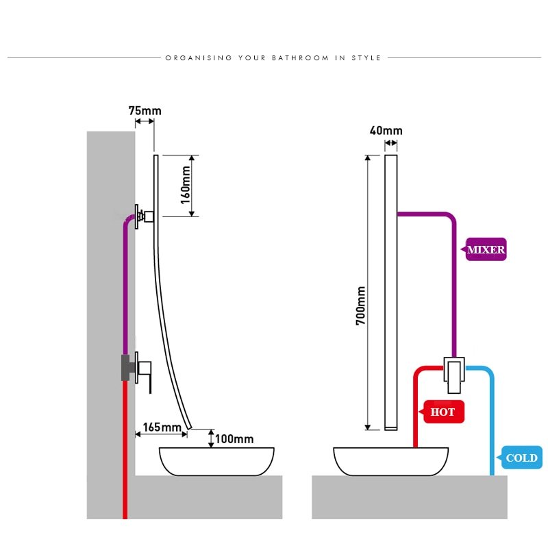 Rubinetto per lavabo a cascata con beccuccio da 70 cm a parete Miscelatore monocomando per bagno cromato Rubinetto per lavabo a scomparsa Torneira